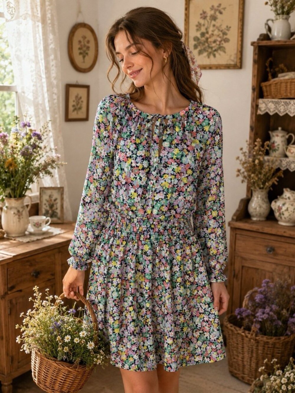 GAP Womens Floral Dress Medium Long Sleeve Smocked Waist Tie Neck Rayon Boho